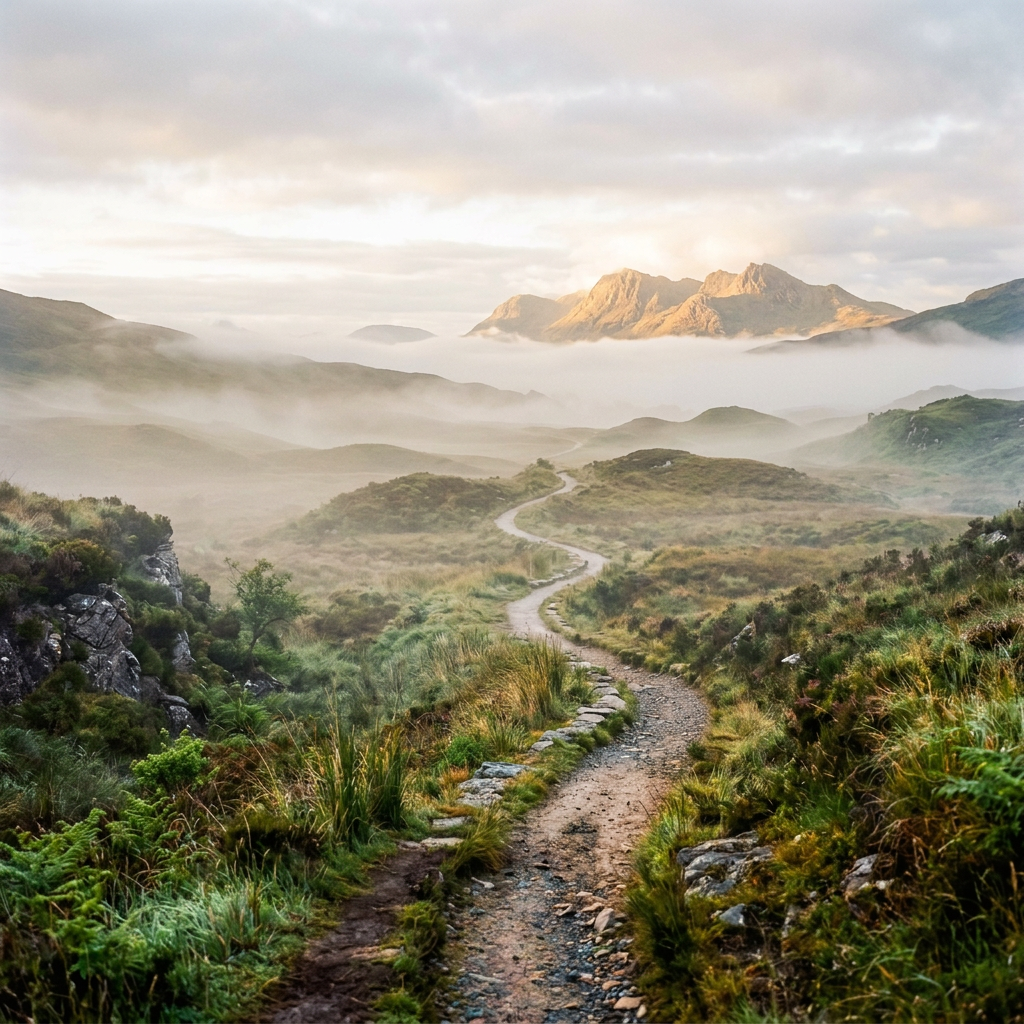 Winding trail through misty highlands toward distant sunlit mountains
